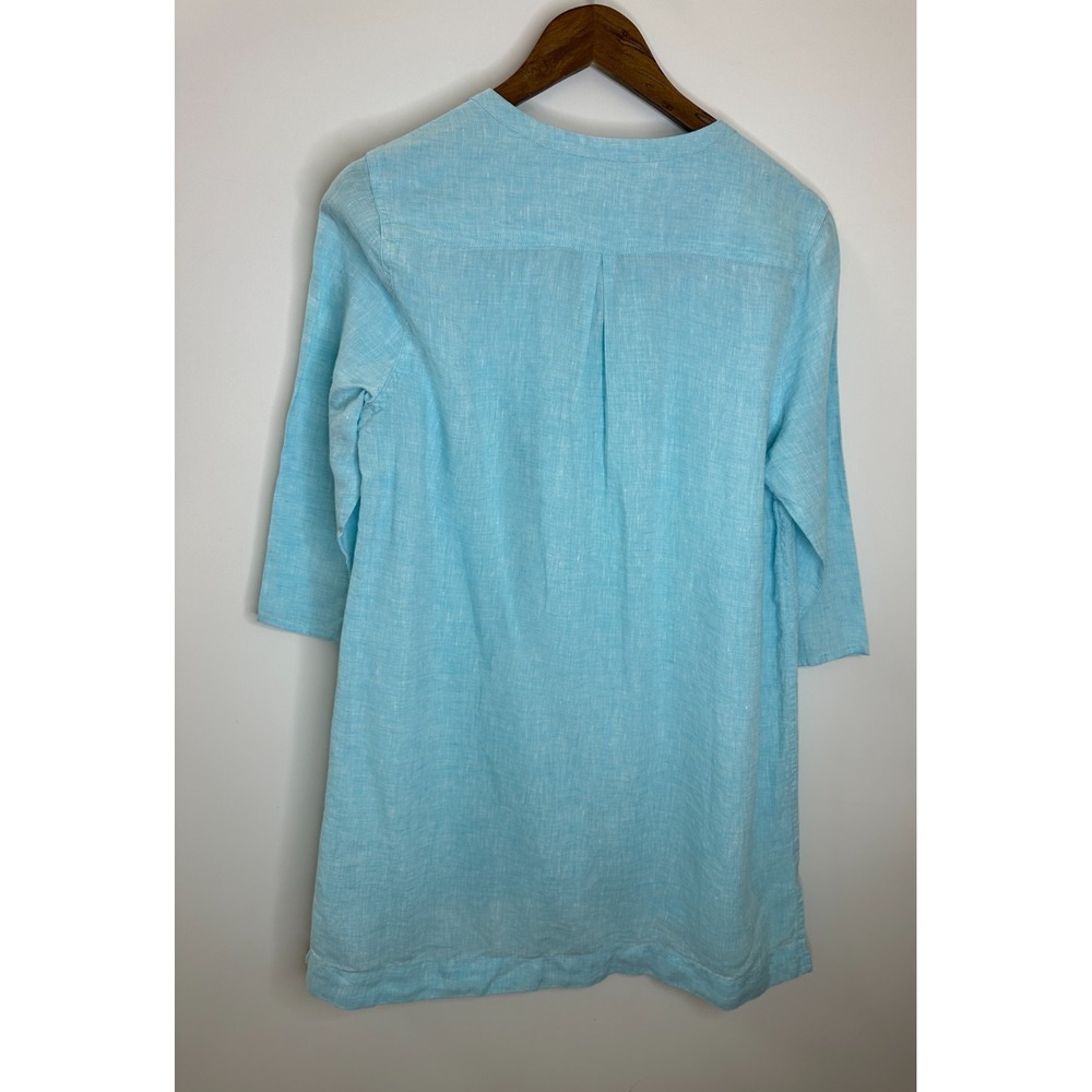 Poetry Linen Button Front Tunic Top V-Neck 3/4 Sleeve Blue Lagonlook Coastal - Picture 10 of 12